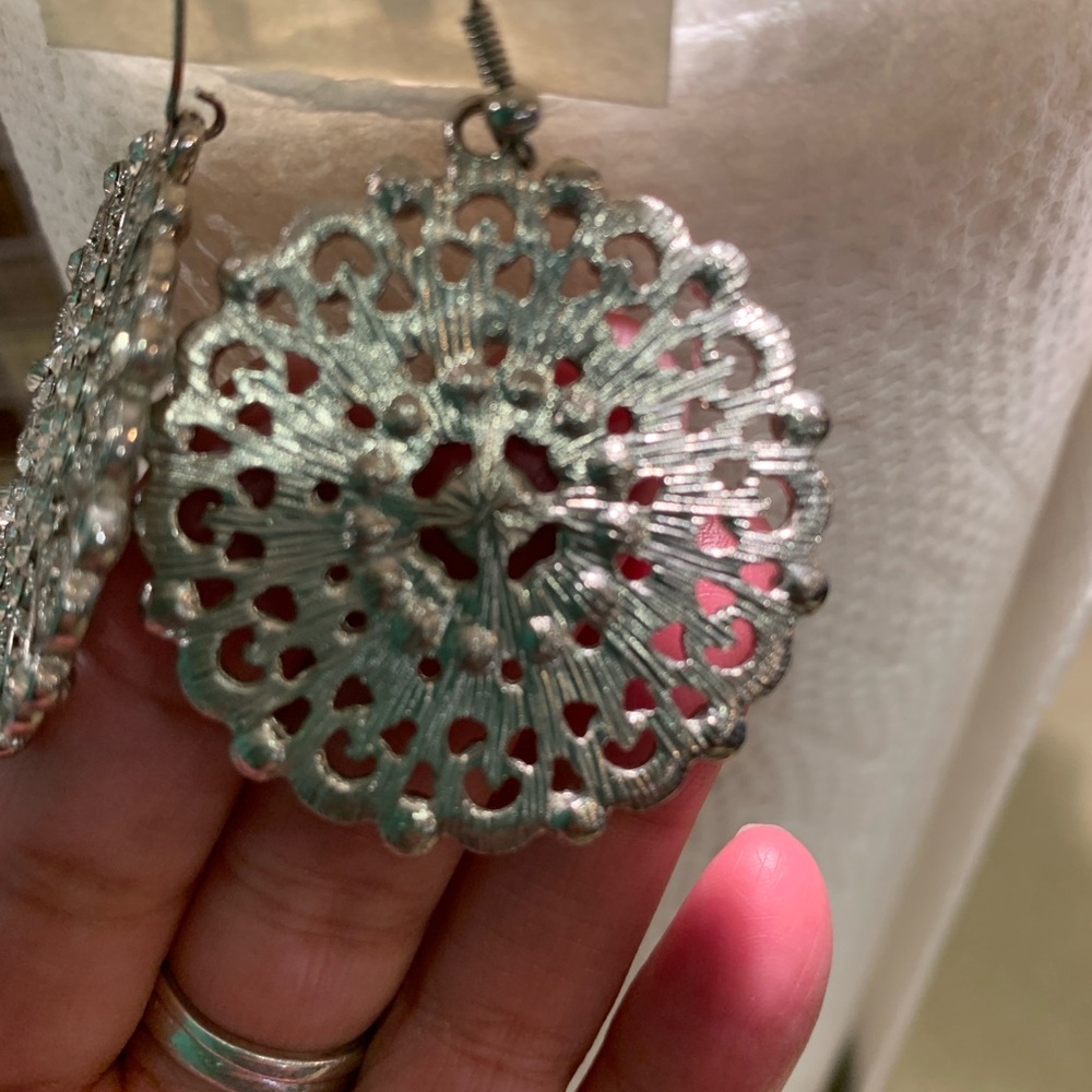 Vintage Crystal Filigree Floral Statement Dangle Earrings Silver - Picture 5 of 6